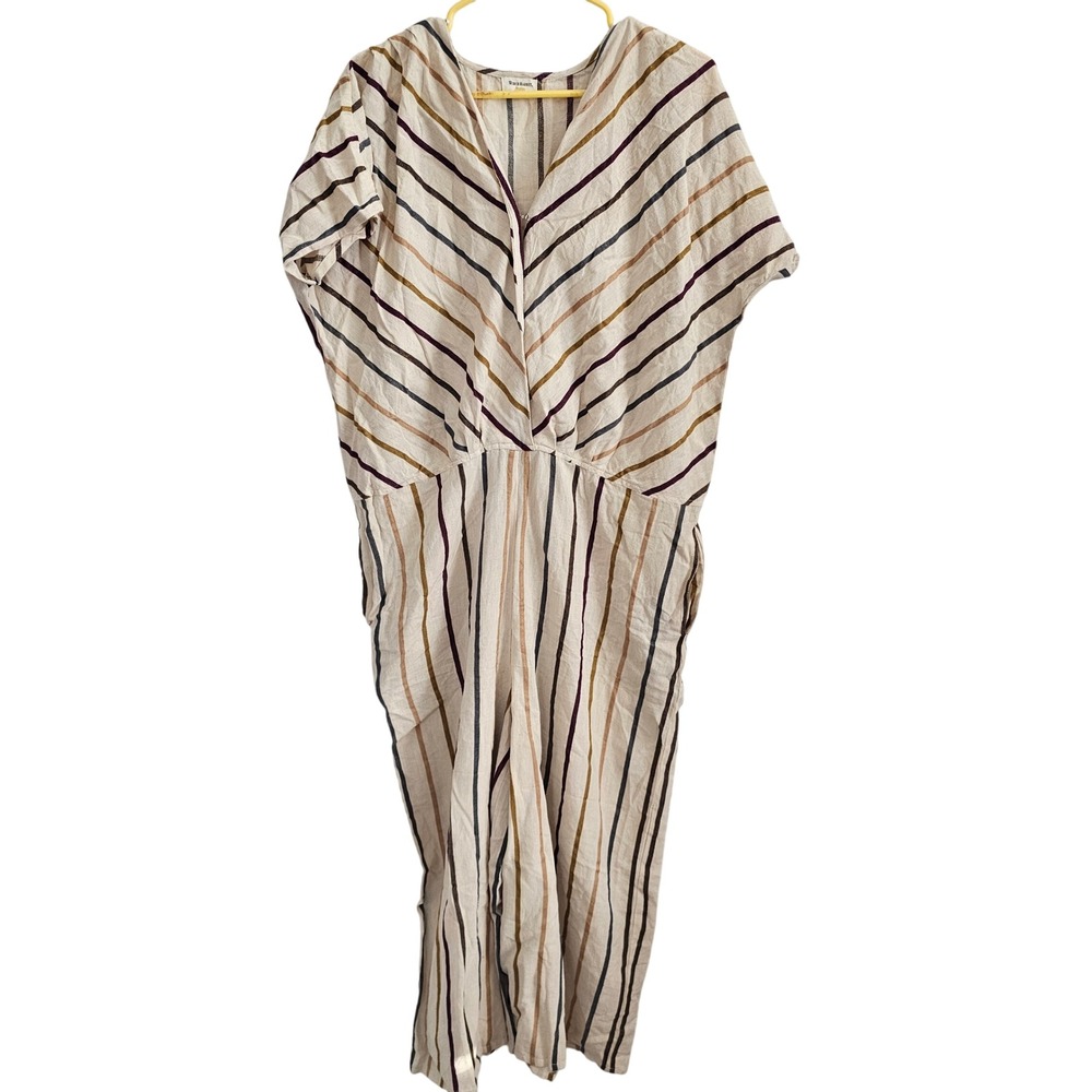 World Market‎ Striped Wide Leg Jumpsuit V-Neck Short Sleeve Tan Brown S/M